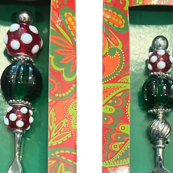 MUDPIE Beaded Cocktail Fork and Beaded Demi Spoon NEW in Boxes Christmas Colours - Picture 2 of 4